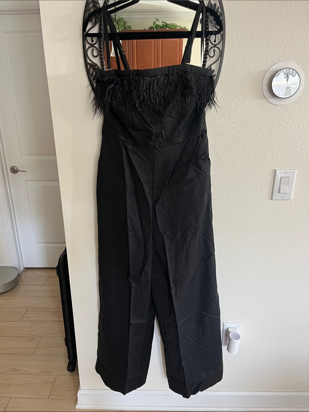 White House Black Market Black Feather-Trim Strap Jumpsuit